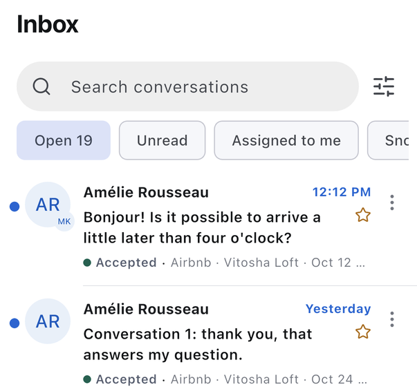 The type scale on the inbox: the 34-point title, the 17-point rows, the 13-point meta line