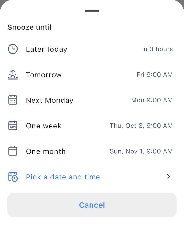 A choice sheet: a handle, a title, the choices with their state, a full-width Cancel