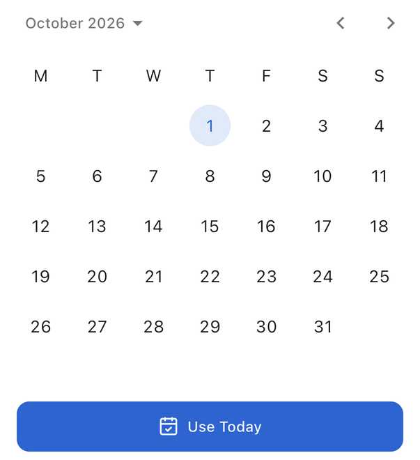 The one day picker: Monday first, today on a disc, the button names the day