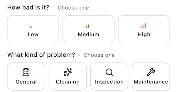 A choice group: tiles of equal width, icon over word, colour where it means something