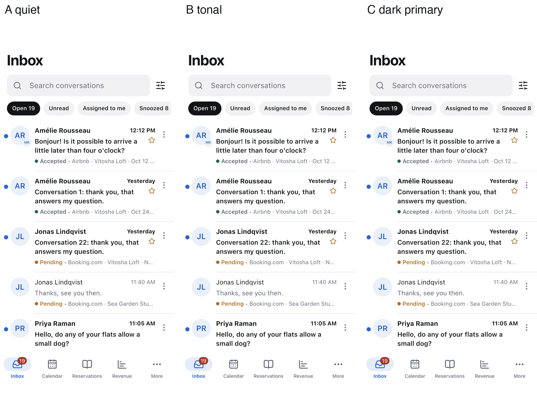 The inbox list in the three looks