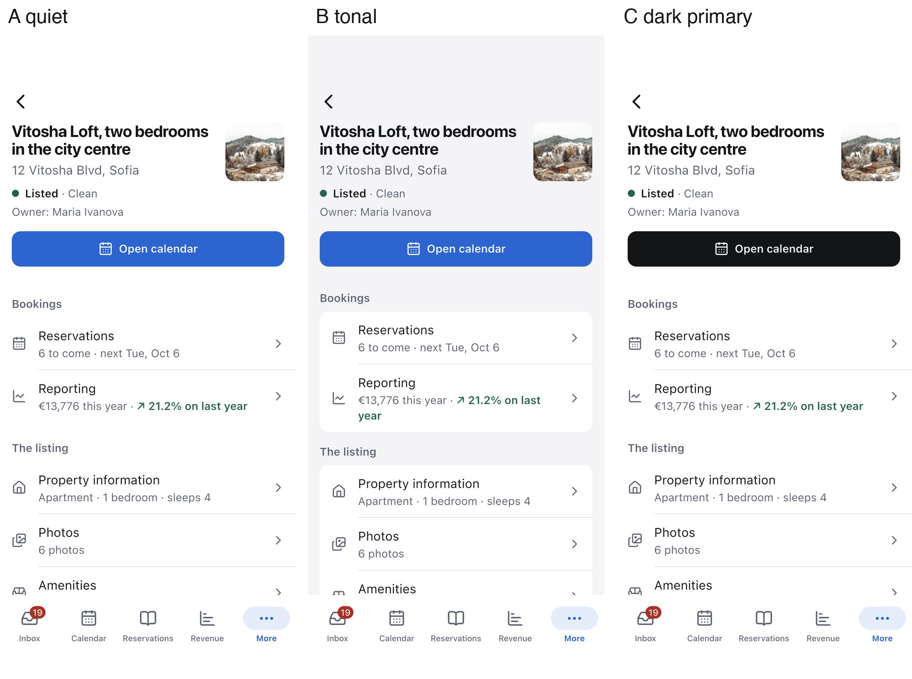 A listing's page in the three looks